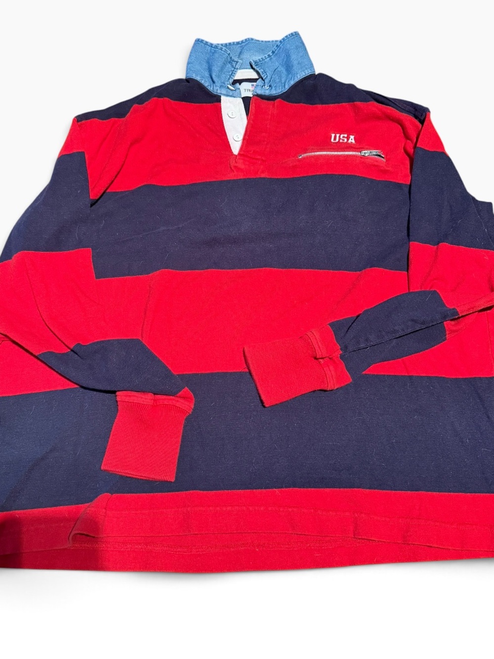 Vintage 90s True Grit Red & Navy Striped Zip Rugby Shirt XL